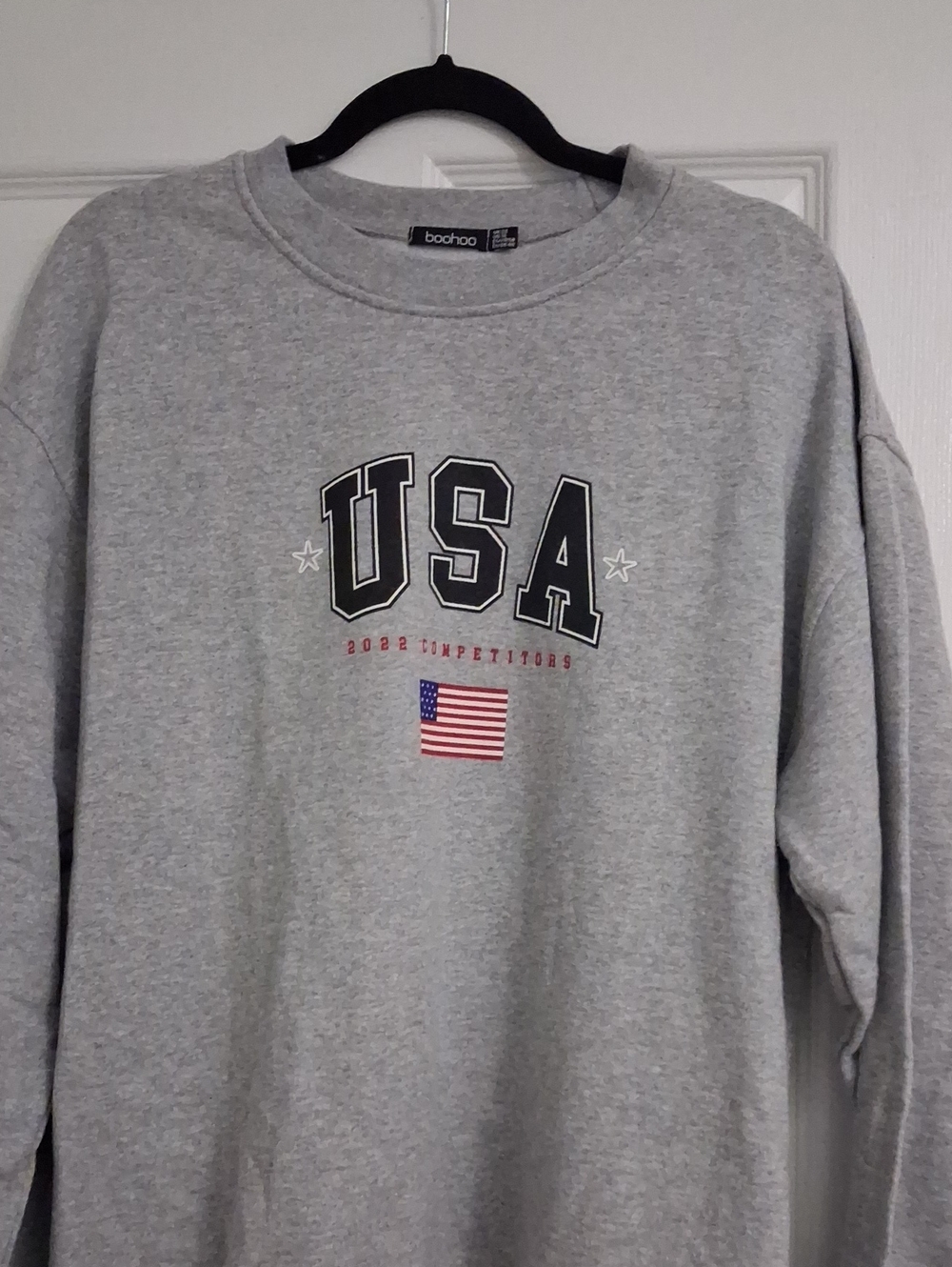 Boohoo Gray USA Graphic Crewneck Sweatshirt with Flag Detail